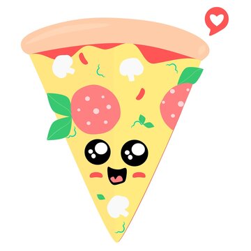 Cartoon pizza slice character. Slice of cheesy pepper pizza with mushrooms and sausage icon. Italian pizza vector illustration. Cute and funny pizza slice cartoon colorful design. 