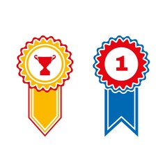 Rosette award symbol. Winner icon. Prize medal, Badge with ribbon isolated on white.