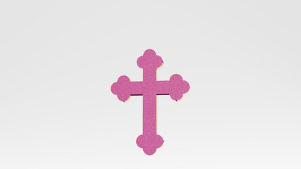 CHRISTIAN CROSS on the wall. 3D illustration of metallic sculpture over a white background with mild texture. church and architecture