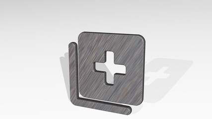 paginate filter plus on the wall. 3D illustration of metallic sculpture over a white background with mild texture. abstract and design