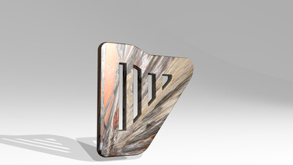 INSTRUMENT HARP made by 3D illustration of a shiny metallic sculpture on a wall with light background. icon and music