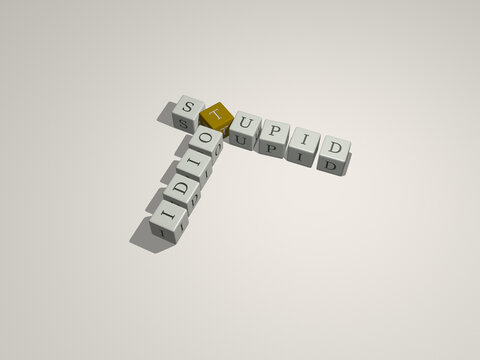 STUPID IDIOT combined by dice letters and color crossing for the related meanings of the concept. illustration and dumb