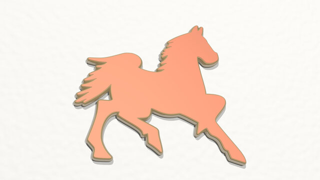 horse on the wall. 3D illustration of metallic sculpture over a white background with mild texture. animal and beautiful