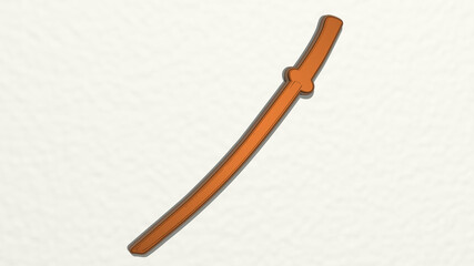 samurai sword on the wall. 3D illustration of metallic sculpture over a white background with mild texture. japanese and japan