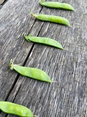 Young closed green peas lies on an old gray wooden texture