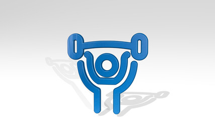 FITNESS WEIGHTLIFT made by 3D illustration of a shiny metallic sculpture on a wall with light background. exercise and woman