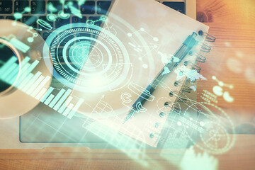 Multi exposure of business theme drawing and work table top veiw. Concept of international finance.
