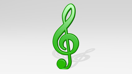 music key made by 3D illustration of a shiny metallic sculpture on a wall with light background. design and icon