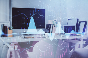 Double exposure of stock market graph drawing and office interior background. Concept of financial analysis.