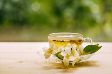 jasmine tea in soft warm evening light with fresh jasmine leaves and flowers