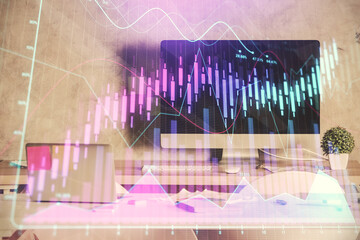 Multi exposure of financial graph drawing and office interior background. Concept of market...