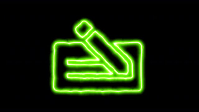 The appearance of the green neon symbol money check. Flicker, In - Out. Alpha channel Premultiplied - Matted with color black
