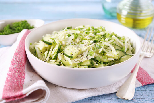 Coleslaw salad with cucumbers, herbs, vinegar and olive oil sauce