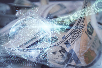 Double exposure of data theme drawing over us dollars bill background. Technology concept.