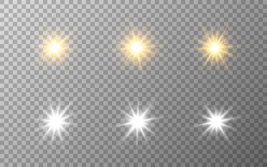 Luxury stars set. Gold and silver elements on transparent backdrop. Festive collection. Star burst effect. Magic sparkles for banner or poster. Vector illustration