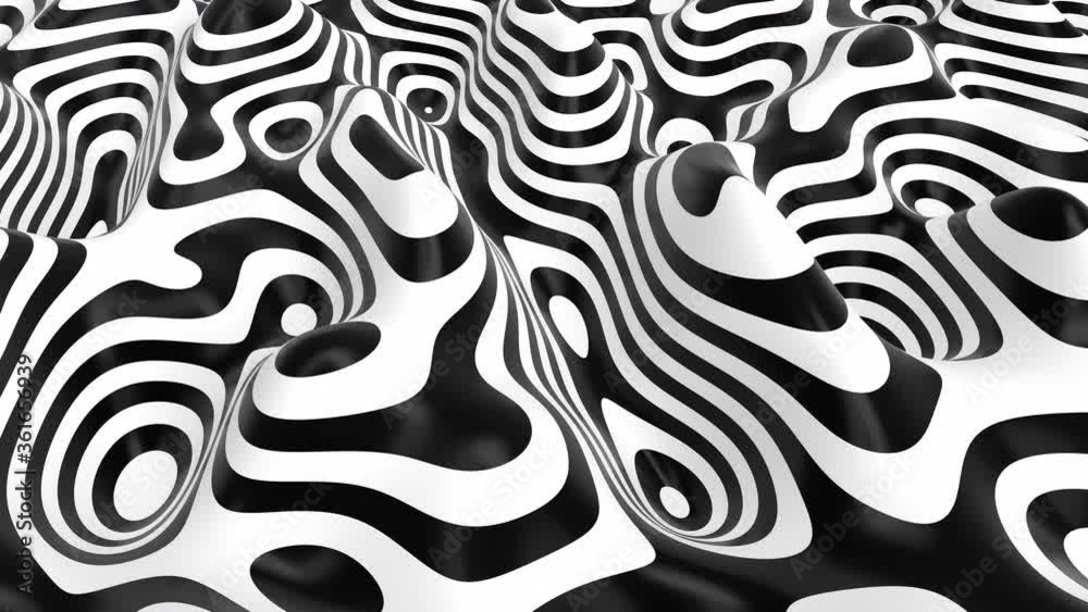 Poster Abstract black and white surreal liquid moving landscape. 3D wavy striped motion background. B&W lines pattern. Liquid shape 3D animation. 4K seamless loop. 