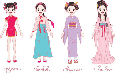 Cute Asian girls in traditional costumes