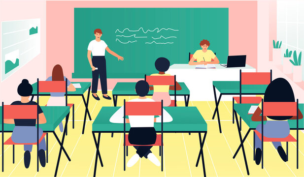 In the classroom, one of the students answers at the blackboard. Teacher oversees students. Learning concept. Teenagers with different skin colors. Test question. Flat vector cartoon illustration.