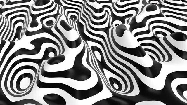 Abstract black and white surreal liquid moving landscape. 3D wavy striped motion background. B&W lines pattern. Liquid shape 3D animation. 4K seamless loop. 