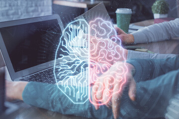 Double exposure of man and woman working together and brain drawing hologram. Intellectual...