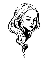 Beautiful woman with long curly hair. Black isolated hand drawn illustration of a pretty girl with closed eyes
