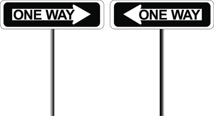 Two black and white one-way signs pointing different directions - obrazy, fototapety, plakaty