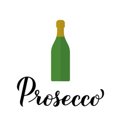 Prosecco calligraphy hand lettering with champagne bottle. Italian alcohol drink typography poster. Vector template for banner, poster, flyer, label, t-shirt, sticker, restaurant menu.