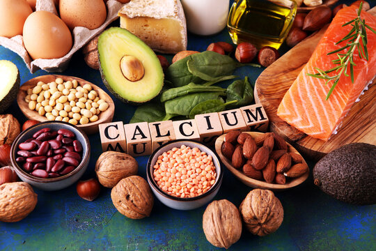Best Calcium Rich Foods Sources. Healthy eating. Foods rich in calcium such as bean, almonds, hazelnuts, spinach leaves, cheese, and fresh milk