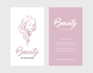 Beauty business card layout with hand drawn logo of a beautiful girl.