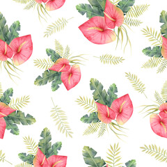 Watercolor hand drawn seamless pattern of tropical palm leaves and pink flowers anthurium on white background. Floral clipart illustration of exotic plants for design wrapping, wallpaper, home textile - obrazy, fototapety, plakaty
