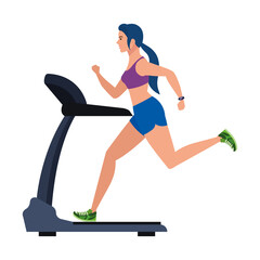 sport, woman running on treadmill, sport person at the electrical training machine on white background vector illustration design