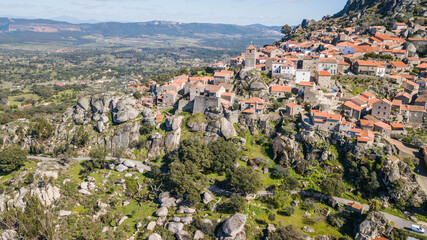 Aerial view of the city of Monsanto in Portugal. Medieval village of Monsanto with stone houses