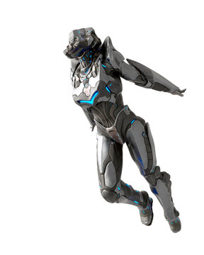 alien female soldier is flying up in white background