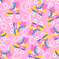 Seamless pattern with retro roller skates on pink. Abstract background. Great for fabric, textile, wrapping paper. Vector Illustration.