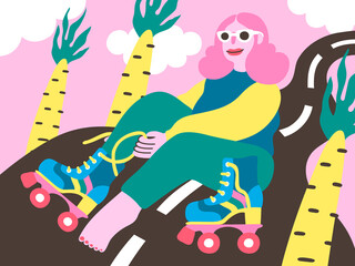 Woman in roller skates sitting outside. Vector illustration of cartoon character.