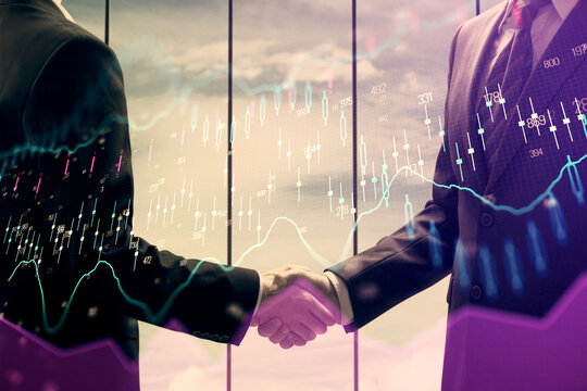 Double exposure of forex graph hologram and handshake of two men. Stock market concept. - Powered by Adobe