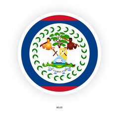 Belize circle flag with shadow on white background. Belize button flag isolated on white background.