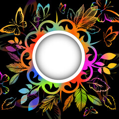 Round frame with multi-colored butterflies. Floral abstract card. Vector illustration