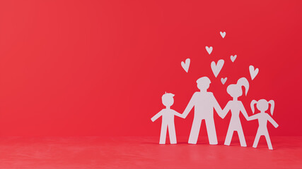 cutout paper family holding hands silhouette on red background, 3D illustration, concept background