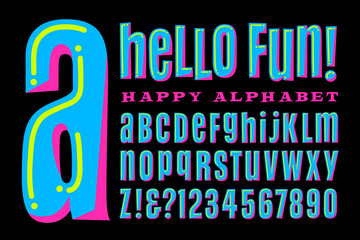 A Fun, Happy, and Whimsical Alphabet in Bright Colors; Hello Fun is a Condensed Sans Serif Font with Mixed Capital and Lowercase Letterforms for a Crazy, Silly Vibe. Great for Parties or Birthdays.