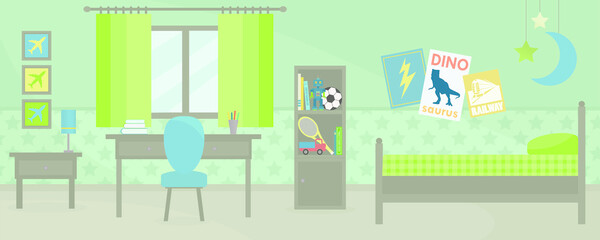 Kid's room illustration, green boy's bedroom furniture and toys vectors