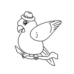 Coloring of Bird Wearing a Hat Cartoon, Cute Funny Character, Flat Design
