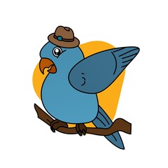 Illustration of Blue Bird Wearing a Hat Cartoon, Cute Funny Character, Flat Design