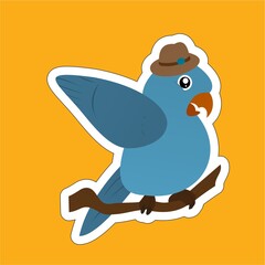 Stickers of Blue Bird Wearing a Hat Cartoon, Cute Funny Character, Flat Design