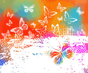 Fototapeta na wymiar Silhouettes of white butterflies on a watercolor picturesque background. Vector illustration
