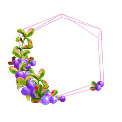 A geometric frame with ripe irgi berries on a white background is isolated. Graphic element. Watercolor illustration