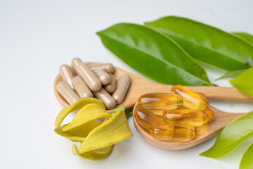Alternative medicine herbal organic capsule with vitamin E omega 3 fish oil, mineral, drug with...