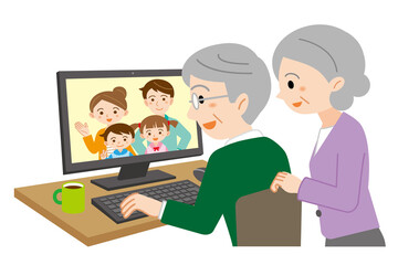 パソコンで息子一家と通話するシニア夫婦のイラスト/白背景