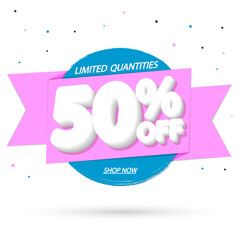 Sale 50% off, banner design template, discount tag, grunge brush, end of season, vector illustration