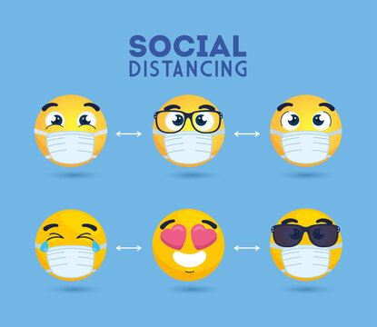 social distancing emoji wearing medical mask, yellow faces in public social distancing for covid 19 prevention vector illustration design